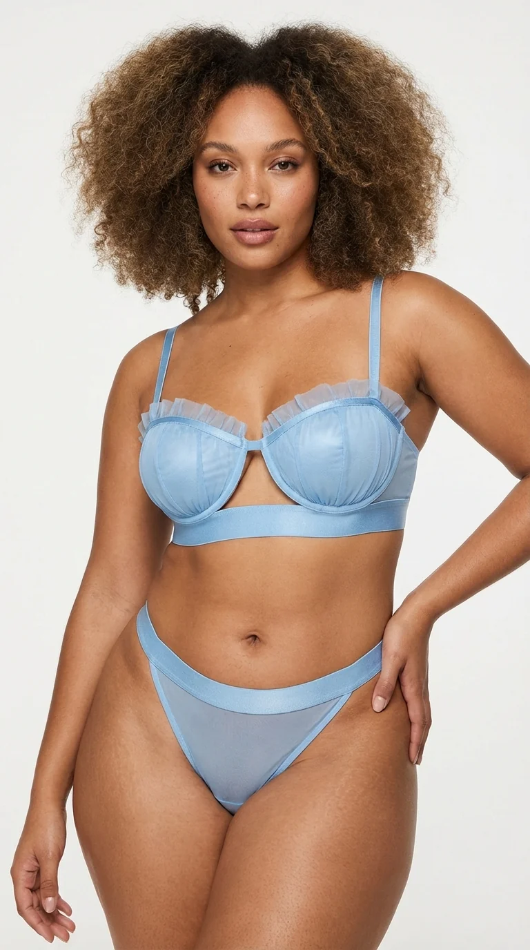 LunaIntim Mavi Tül Fırfırlı Sütyen Takımı Saten Detaylı ve Pencereli Modern Set - Yan Görünüm